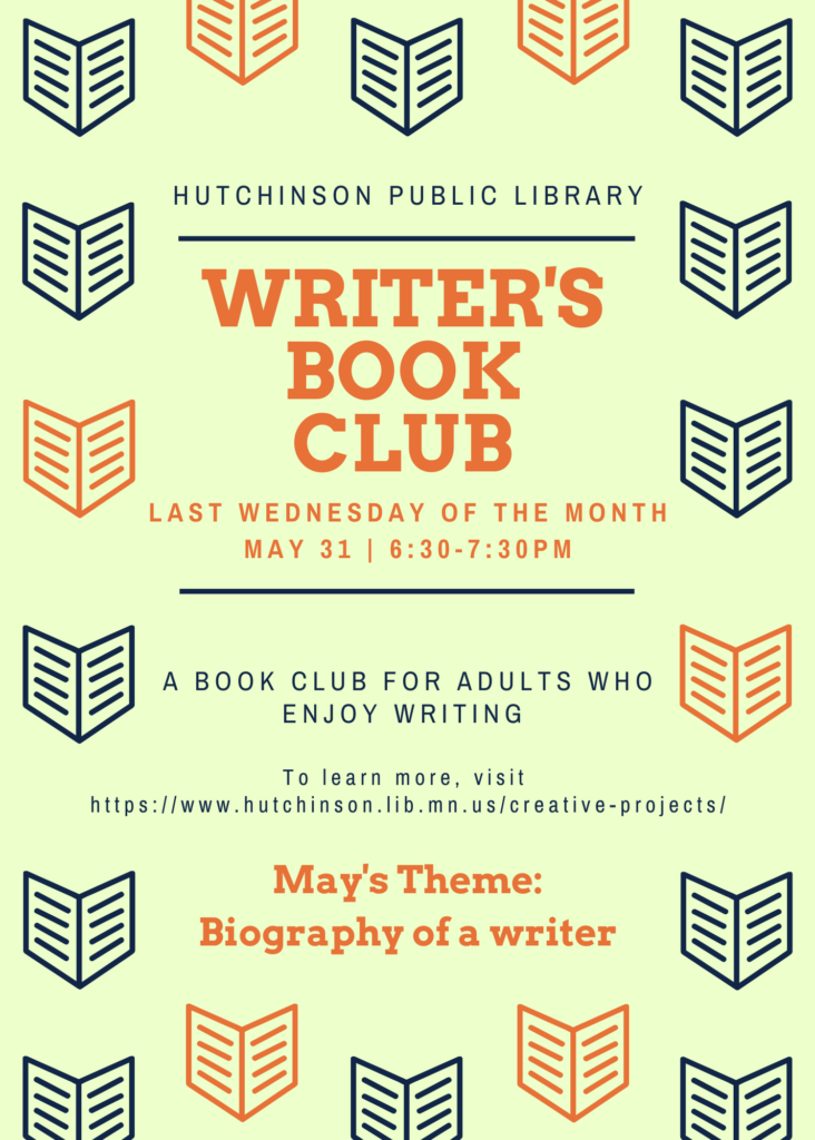 Orange text on green background with book graphics. Text talks about the Hutchinson Public Library Writer's Book Club.